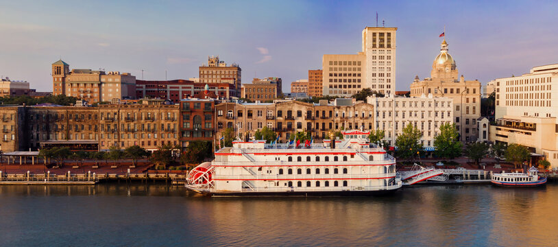 Ferry and Paddleboat steamship on the waterfront of the Savannah