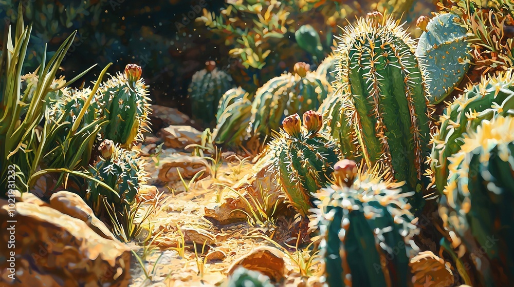 Sticker   A field of cacti, surrounded by rocks and grass