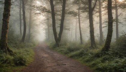Obraz premium Misty forest pathway winding through tall trees on a serene morning in the countryside