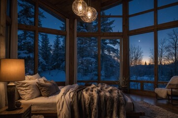 Luxurious double-height bedroom at night with stunning views of snow-covered landscape and serene...