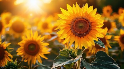 Obraz premium Sunflower field with sunlight filtering through center and leaves in foreground