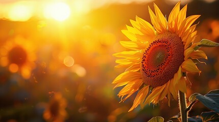 Obraz premium A sunflower bathed in sunlight, standing tall amidst a sea of green in the field behind