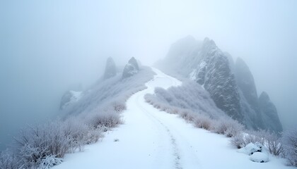 Ethereal snowy mountain path leading to misty peaks against foggy blue sky