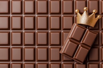 Obraz premium A Bar of Chocolate With a Tiny Golden Crown Resting on Top of the First Unwrapped Square