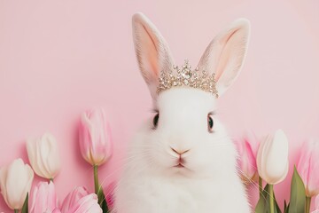 Fototapeta premium A Fluffy White Rabbit Wearing a Small Jeweled Crown, Hopping Through a Garden of Tulips