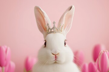 Fototapeta premium A Fluffy White Rabbit Wearing a Small Jeweled Crown, Hopping Through a Garden of Tulips