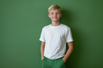 Person in white t-shirt with green edges and green sweatpants, green studio background, half-body portrait