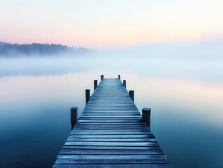 Fototapeta premium serene wooden pier stretching into misty lake at dawn. soft pastel hues paint sky, reflecting on glass-like water. ethereal atmosphere with gentle fog rolling across surface.