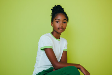 Person in white t-shirt with green edges and green sweatpants, green studio background, half-body portrait