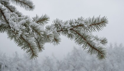 Frost-laden pine branches glimmering under a soft winter haze in a tranquil, snowy landscape