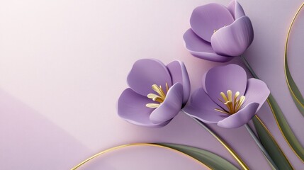 A serene illustration of three purple flowers with delicate petals and green leaves against a soft pastel background.