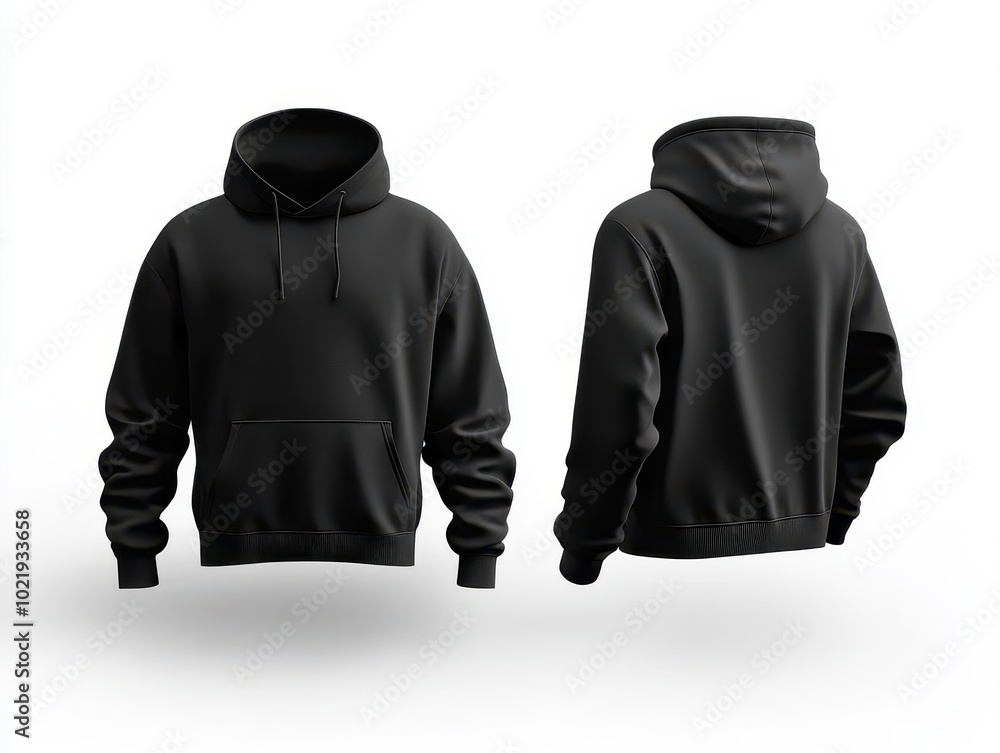 Poster 3d rendering of a blank black hoodie mockup showcasing both front and back views, emphasizing the so