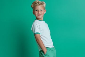 Person in white t-shirt with green edges and green sweatpants, green studio background, half-body portrait