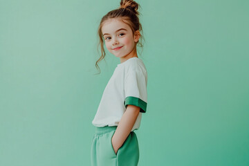 Person in white t-shirt with green edges and green sweatpants, green studio background, half-body portrait