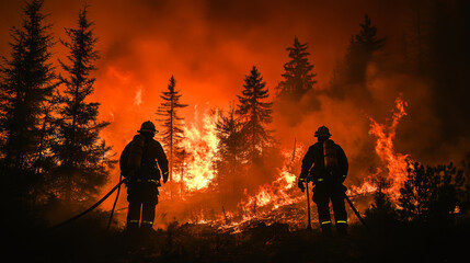 Fototapeta premium Firefighters battling a fierce wildfire. Silhouetted against the blazing flames, they embody bravery and determination. Thick smoke envelops the forest, highlighting the urgency of the situation.