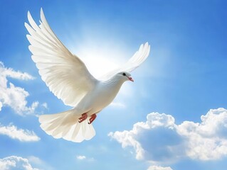Fototapeta premium a beautiful white dove soaring against a clear blue sky, symbolizing peace and freedom, with soft sunlight illuminating its feathers, creating a serene and uplifting scene