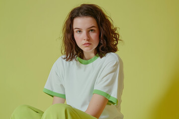 Person in white t-shirt with green edges and green sweatpants, green studio background, half-body portrait
