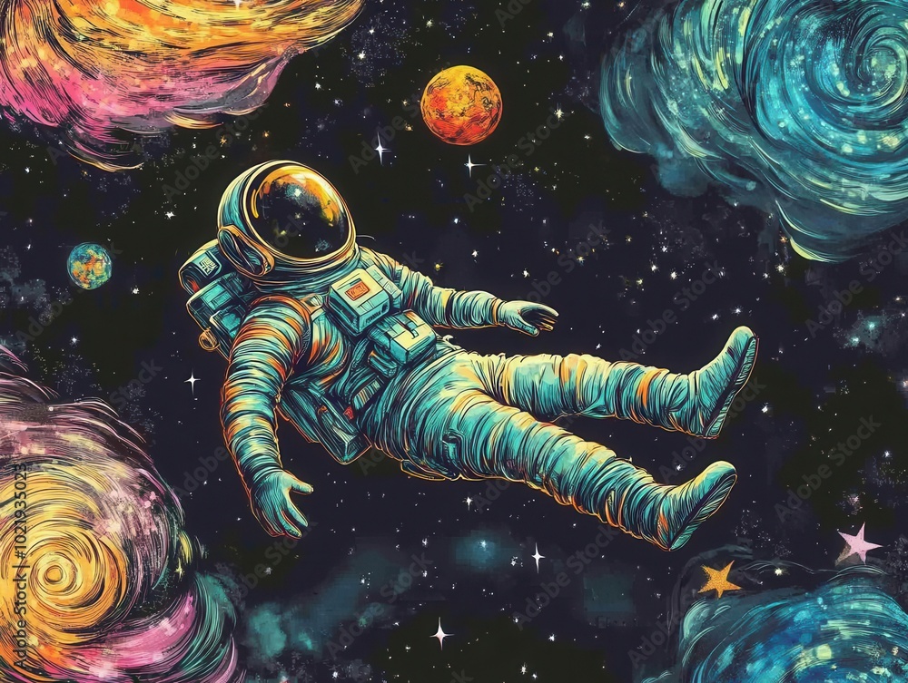 Poster a colorful astronaut floating in the vastness of space, surrounded by swirling galaxies and stars, c