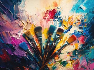 a colorful palette filled with various paintbrushes, each brush vibrant and expressive, perfectly arranged, ready to create a masterpiece in a studio filled with artistic inspiration