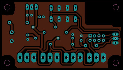 Fototapeta premium Tracing the conductors of the printed circuit board of electronic device. Vector technic computer engineering drawing of pcb design. Electric background.
