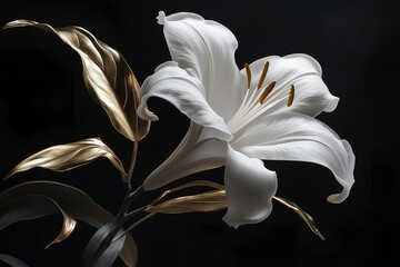 A White Lily Flower in Full Bloom, With a Delicate Leaves and Petals Made of Gold