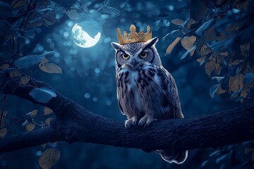 A Wise Owl Sitting on a Tree Branch at Night, Wearing a Golden Crown With Moonlight Illuminating the Scene