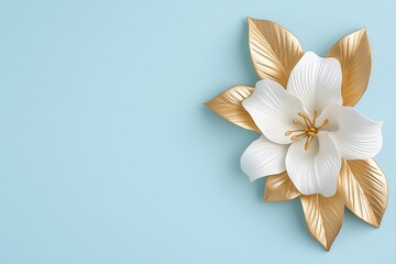 A White Lily Flower in Full Bloom, With a Delicate Leaves and Petals Made of Gold
