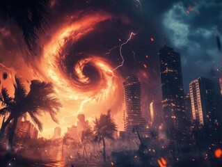 Fototapeta premium a dramatic 3d illustration depicts a fierce hurricane swirling amidst a cityscape, complete with lightning and palm trees, illustrating the impact of natural disasters