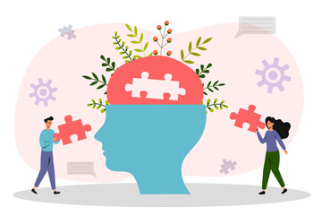 Illustration of a person engaging in mental health activities with puzzle pieces and greenery