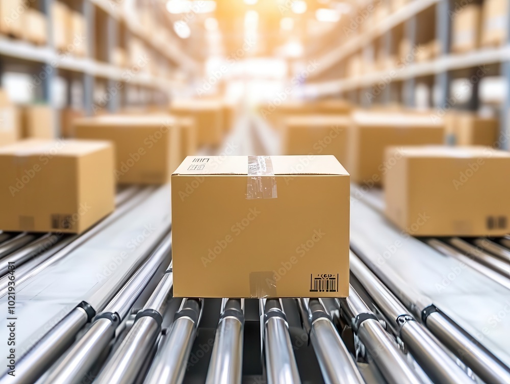 Aufkleber a dynamic snapshot of multiple cardboard boxes seamlessly rolling along a conveyor belt in a warehou