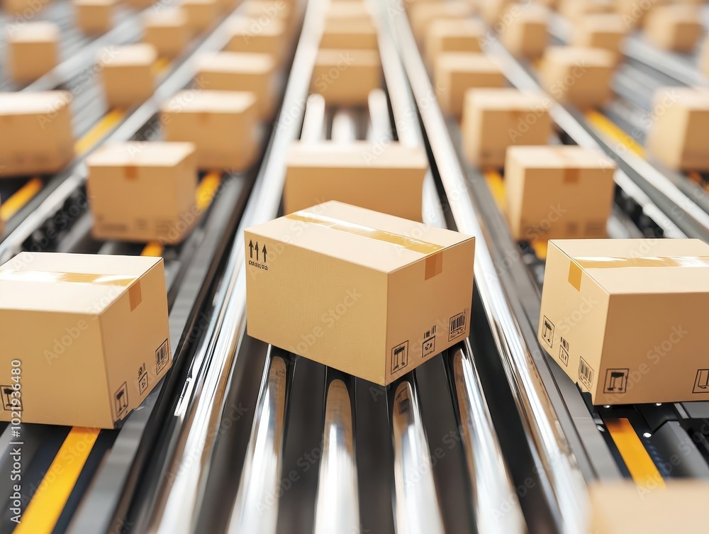 Poster a dynamic snapshot of multiple cardboard boxes seamlessly rolling along a conveyor belt in a warehou