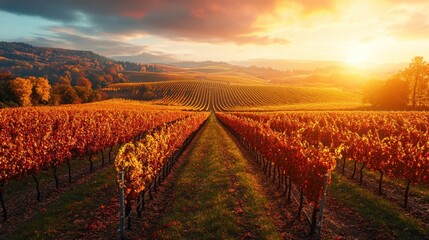 Fototapeta premium A scenic view of a vineyard with rows of grapevines bathed in the warm glow of the setting sun.