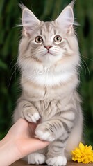 Obraz premium A fluffy gray cat rests its paws on the edge, gazing intently at a bright yellow flower. Soft lighting enhances the serene atmosphere of the textured green backdrop