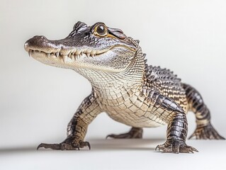 Fototapeta premium a fierce crocodile poised in a striking stance, set against a stark white background, showcasing its textured skin and sharp teeth in a captivating wildlife portrait