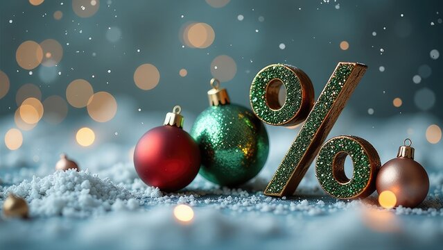 This image shows a golden percent sign on a snowy New Year's background, holiday discounts and promotions.