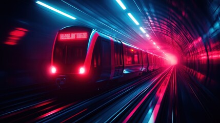 Fototapeta premium Futuristic subway train in vibrant tunnel with dynamic lighting.
