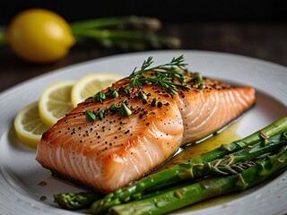 Gourmet Grilled Salmon Fillet with Asparagus and Fresh Lemon Slices: Healthy and Delicious Seafood Dish