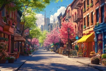 Fototapeta premium A charming, cobblestone street lined with colorful shops and blooming trees under a bright blue sky.