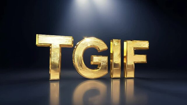 Gold "TGIF" text on a spotlighted dark background, celebrating the end of the workweek with a glamorous and exciting feel