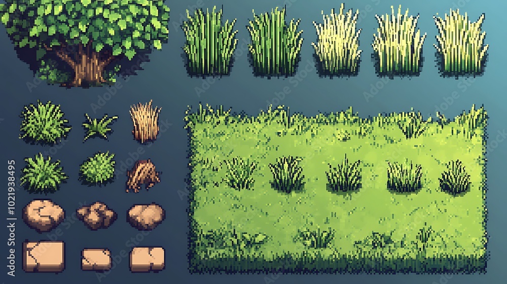Poster 2d pixel art grass and rocks sprites for game development