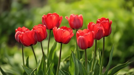 Obraz premium Red tulips in a green field with blurred foreground