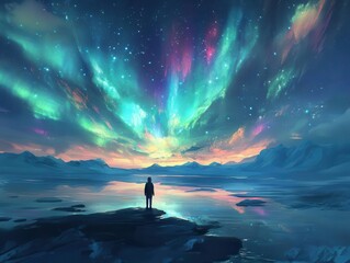 Fototapeta premium a solitary figure gazing in awe at the mesmerizing northern lights, the colorful display reflected in their eyes. the landscape is serene and tranquil