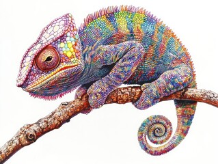 Naklejka premium a striking portrait of a chameleon on a branch, showcasing its vibrant colors and intricate textures. the detailed rendering emphasizes the uniqueness of this creature in its natural habitat
