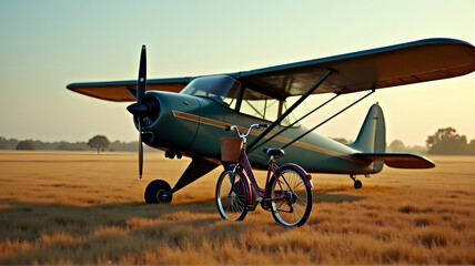A Charming Composition of a Bicycle Resting Against a Vintage Plane in a Wide Open Field Filled with Possibilities