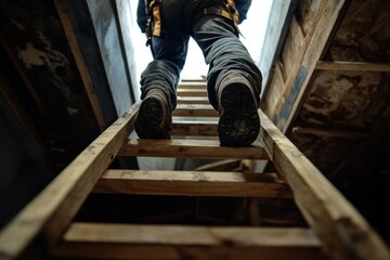 Skilled Worker Climbing Wooden Ladder in Dim Light