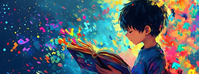 A boy with short black hair is reading an open book, with a colorful background, a close-up of his face and head, in a flat illustration style