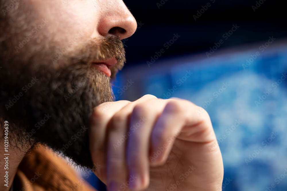Poster focus on computer technician using pc in blurry background to do maintenance on artificial intellige