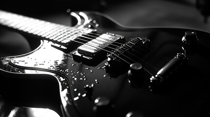 A sleek, black electric guitar glistens with droplets, creating a dramatic contrast in this...