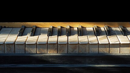 A close-up view of piano keys showing aged, worn textures and a gentle play of light, highlighting...