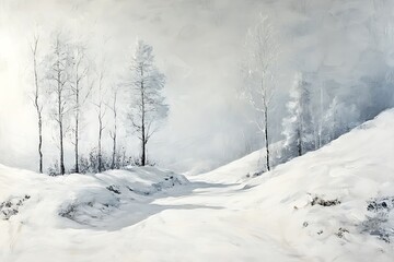 Fototapeta premium Snowy Landscape with Bare Trees and Foggy Atmosphere